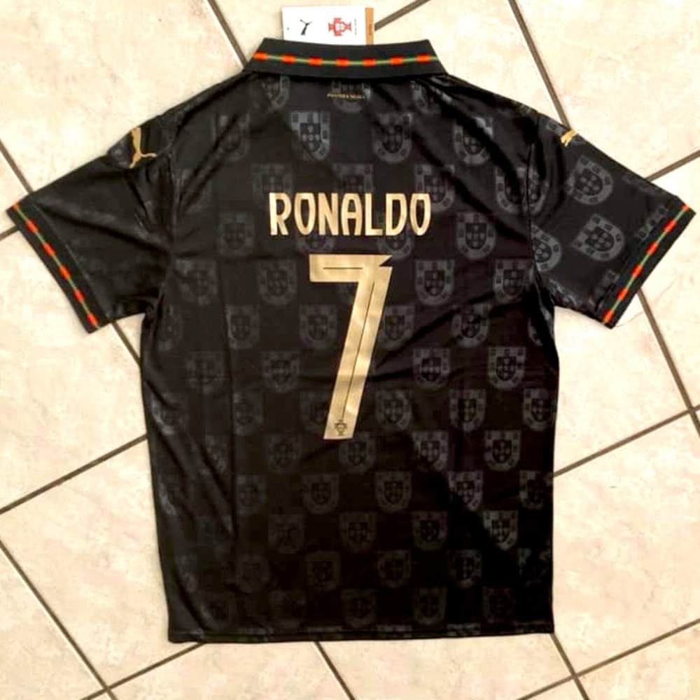 Portugal Ronaldo #7 Black and Gold Men's Football Jersey